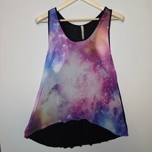 Paper Crane Galaxy Space Print High Low Racerback Tank Top Purple Black Large